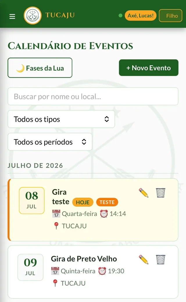 Tela do Calendário de Eventos: botão de fases da lua, busca, filtros por tipo e período, e giras listadas por data