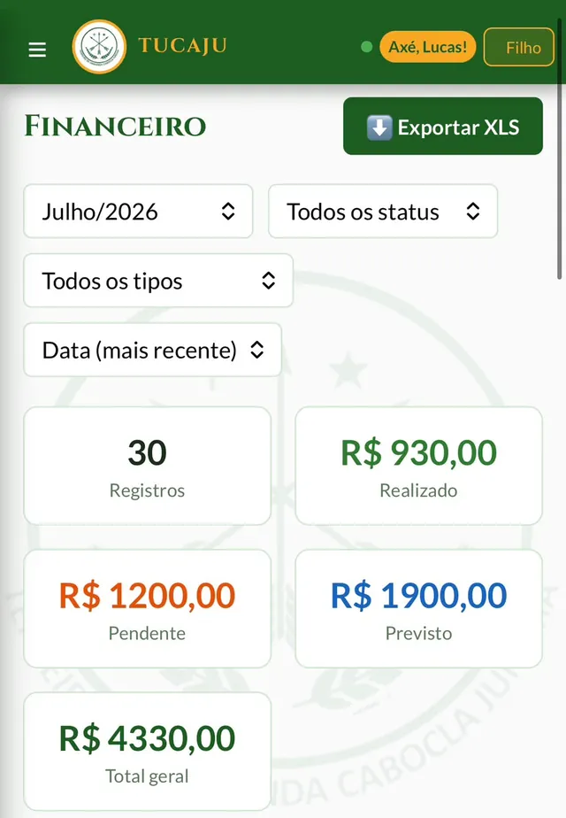 Tela do Financeiro: filtros por mês, status e tipo, e cards com total de registros, realizado, pendente, previsto e total geral