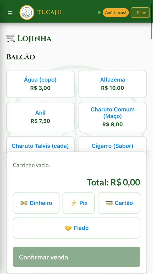 Tela da Lojinha: balcão com produtos como água, alfazema, anil e charuto, carrinho e botões de pagamento em dinheiro, Pix, cartão e fiado